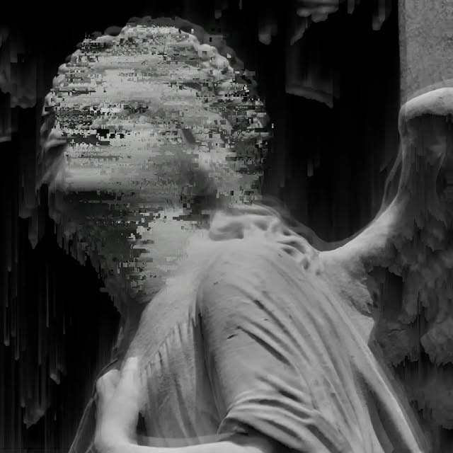 GlitchPixel glitch-art post, weathered statue