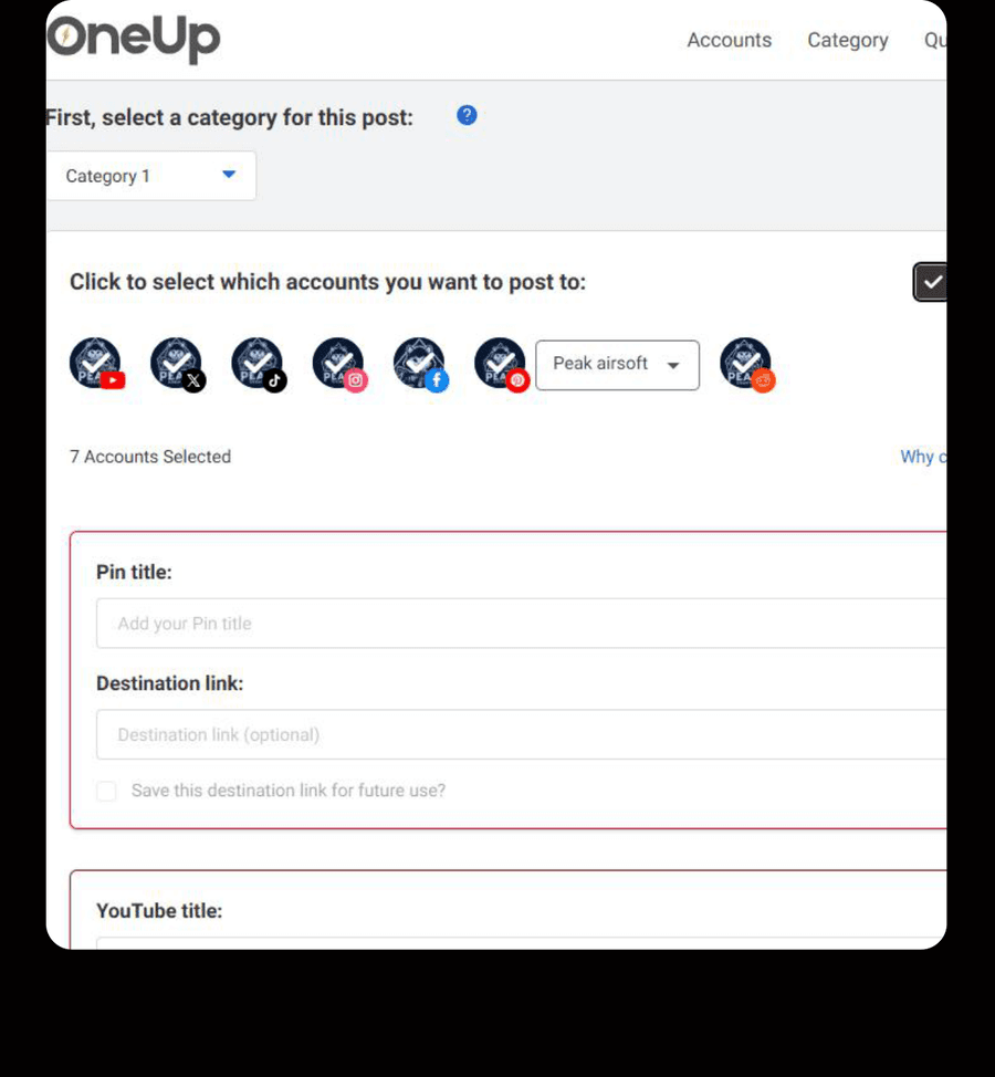 OneUp cross-posting setup for Peak Airsoft accounts