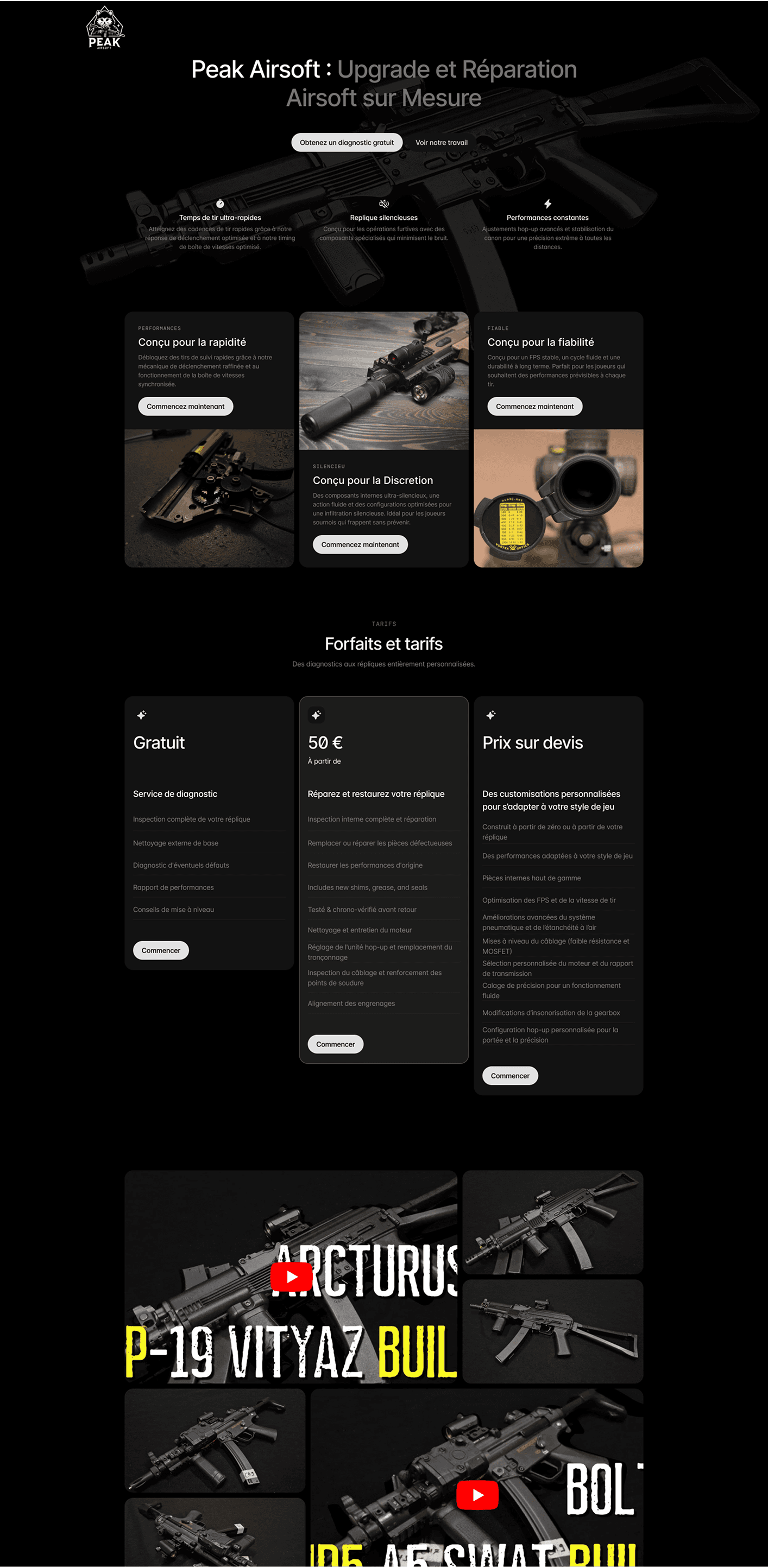 Peak Airsoft website, full scroll from hero to pricing